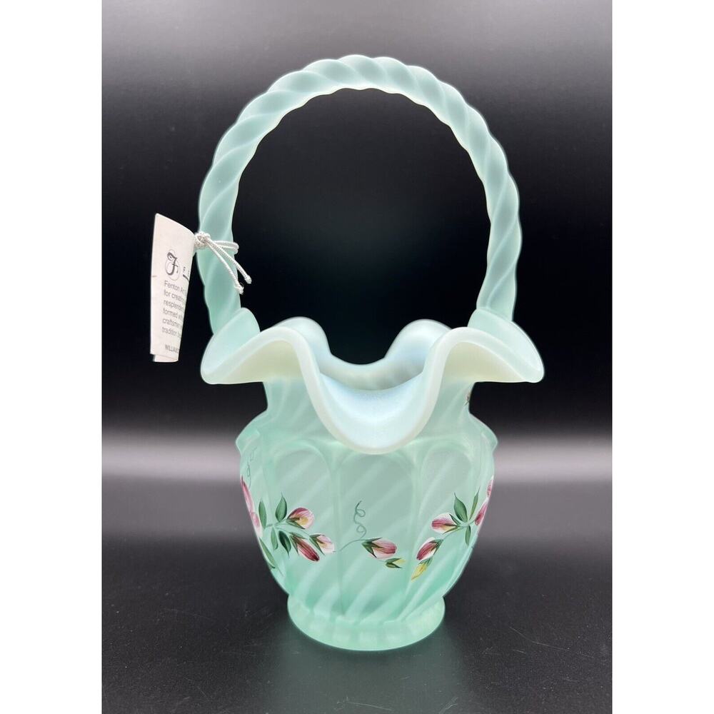 Fenton Open Arches Green Satin Opaline Basket w Hand Painted Pink Flowers Signed